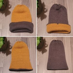 Knit Reversible Mustard Yellow And Dark Gray Cuffed Beanie Hat